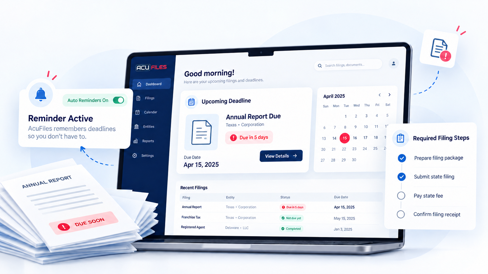 AcuFiles compliance dashboard and deadline reminders
